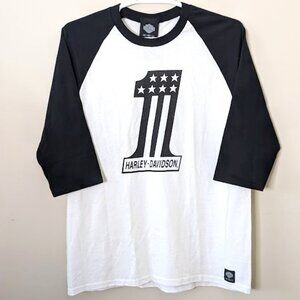 NWT - HARLEY DAVIDSON Museum No. 1 stars stripes 3/4 baseball T-SHIRT - SIZE L
